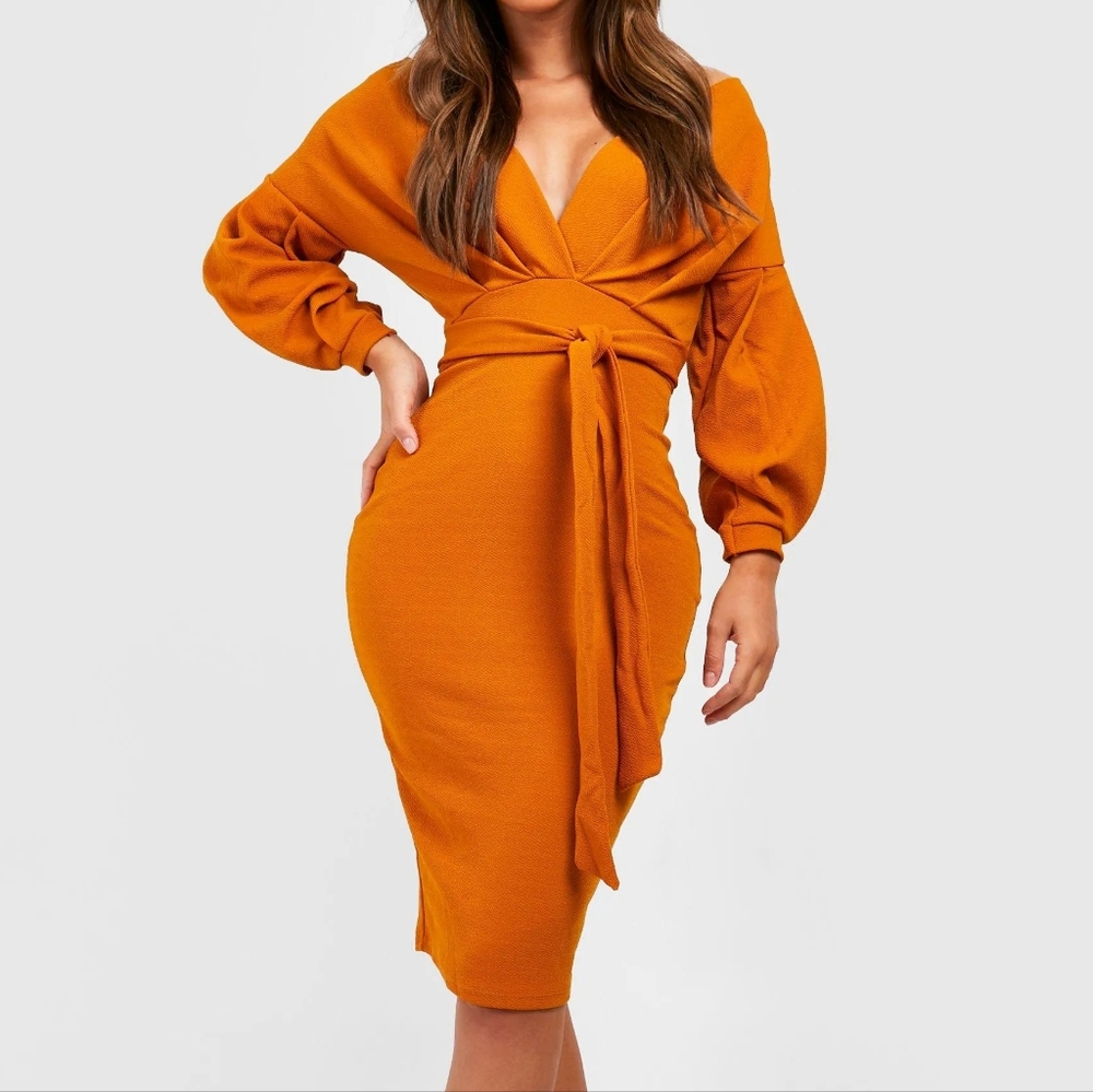 Boohoo Mustard Pleated Wrap Dress with Bishop Sleeves